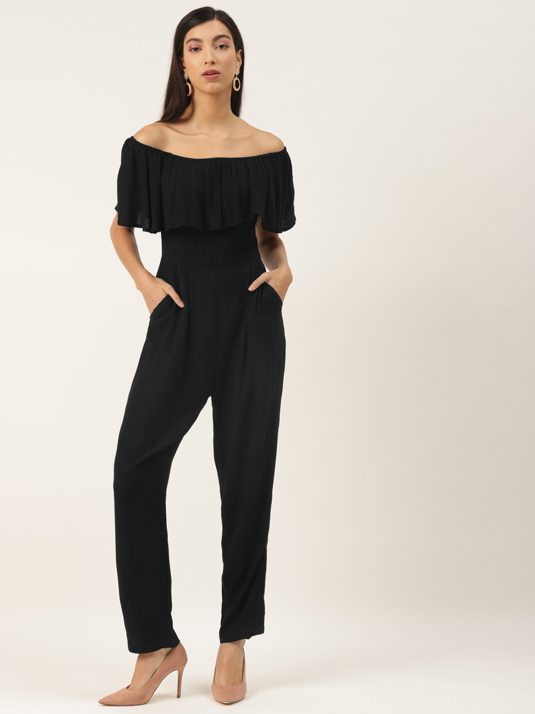 

Trend Arrest Women Black Solid Off Shoulder Basic Jumpsuit