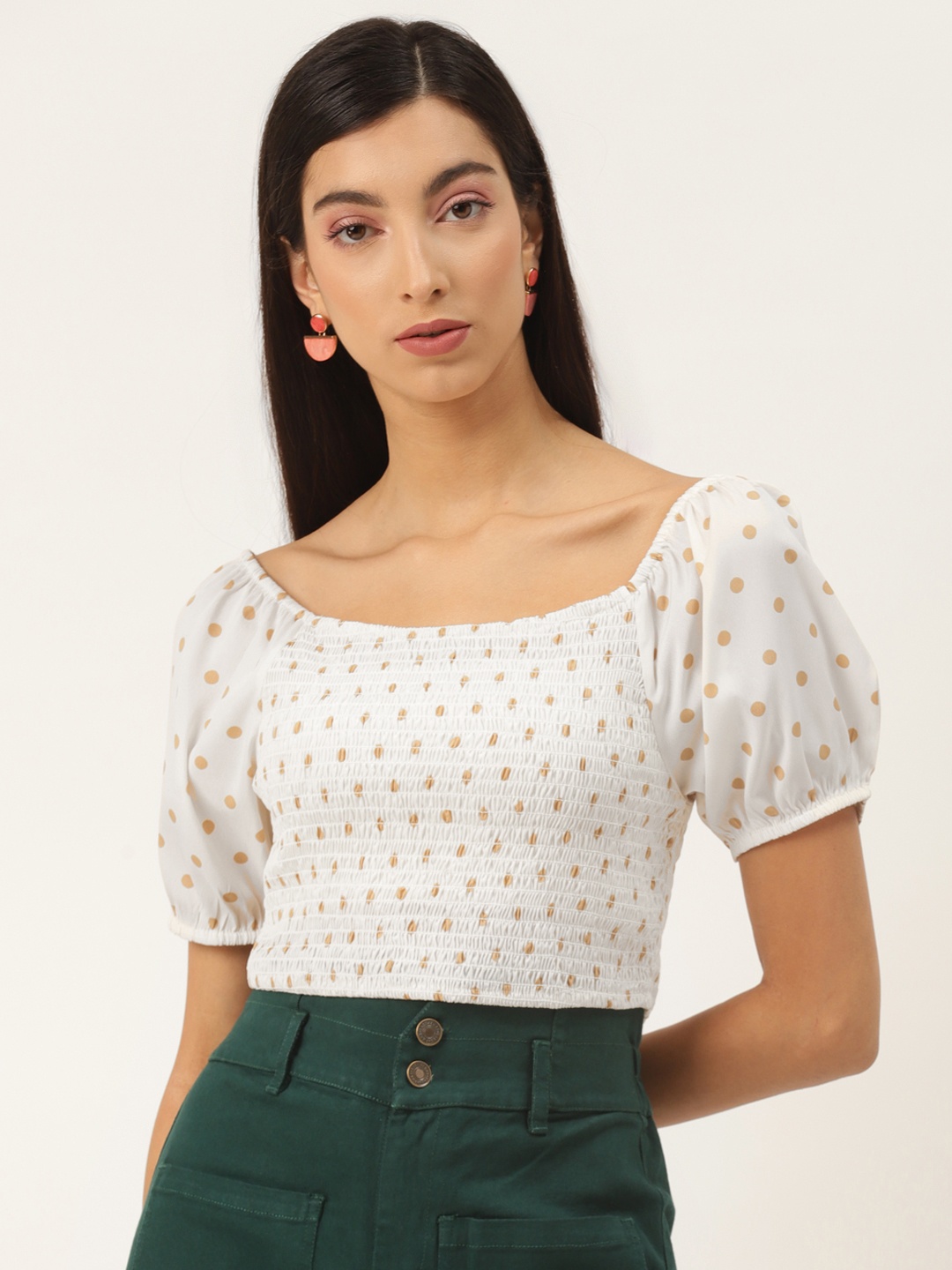 

Trend Arrest Off White & Beige Polka Dots Printed Puff Sleeves Fitted Crop Top