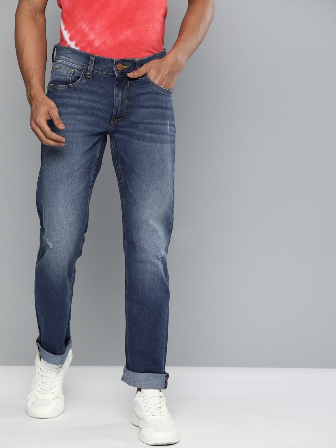 

American Bull Men Blue Slim Fit Mid-Rise Low Distress Stretchable Jeans