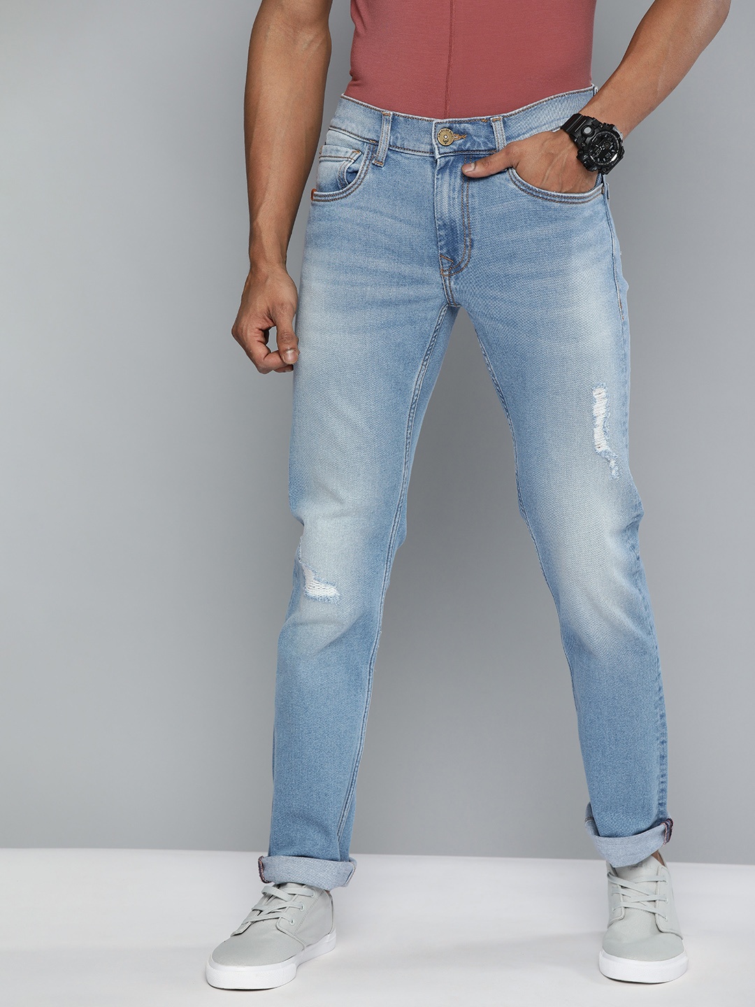 

American Bull Men Blue Slim Fit Mid-Rise Low Distress Stretchable Jeans
