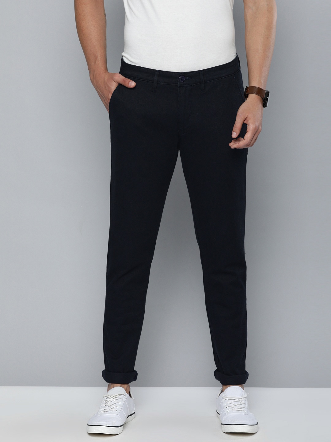 

American Bull Men Navy Blue Modern Slim Fit Solid Chinos