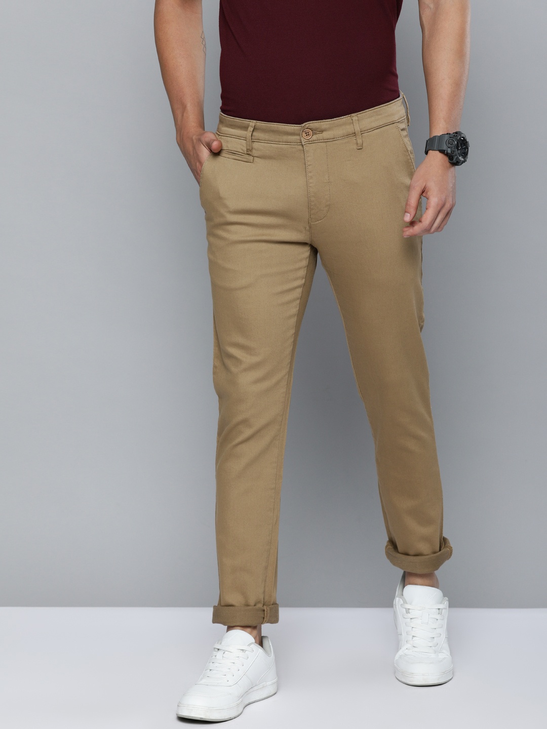 

American Bull Men Khaki Modern Slim Fit Solid Chinos