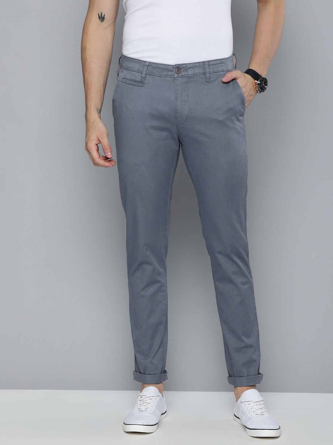 

American Bull Men Blue Slim Fit Solid Chinos