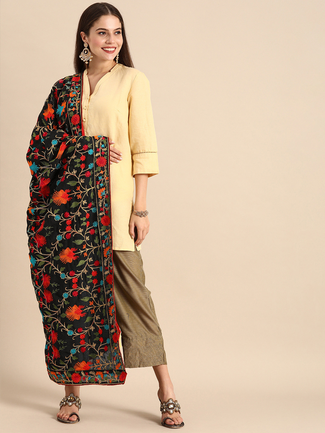 

VASTRANAND Black & Red Embroidered Dupatta