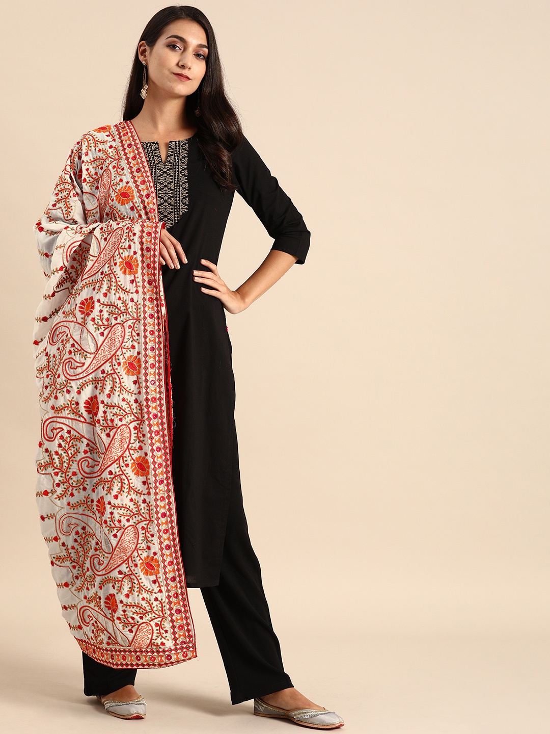 

VASTRANAND White & Orange Embroidered Dupatta