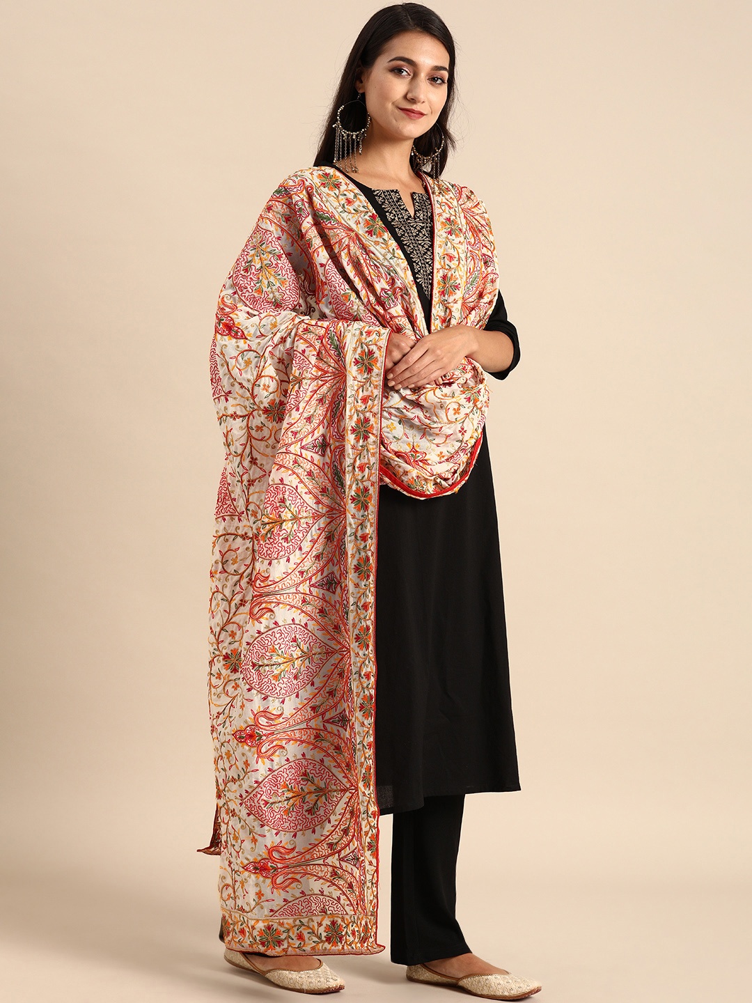 

VASTRANAND White & Orange Embroidered Dupatta