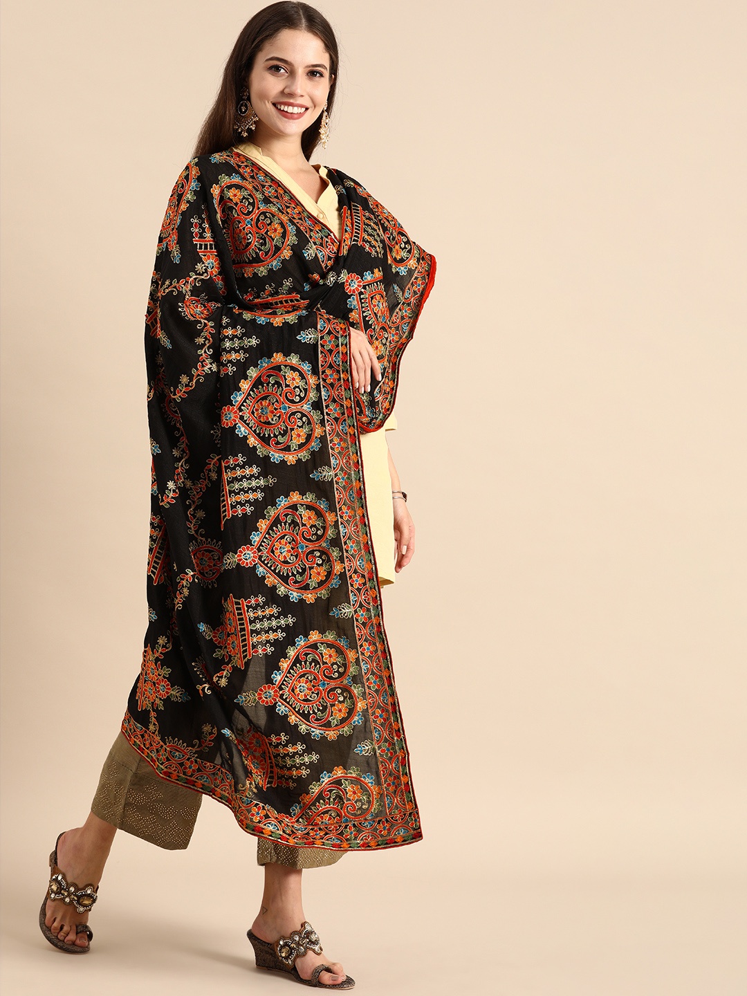 

VASTRANAND Black & Orange Embroidered Dupatta