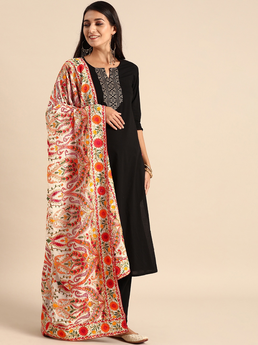 

VASTRANAND White & Orange Embroidered Dupatta