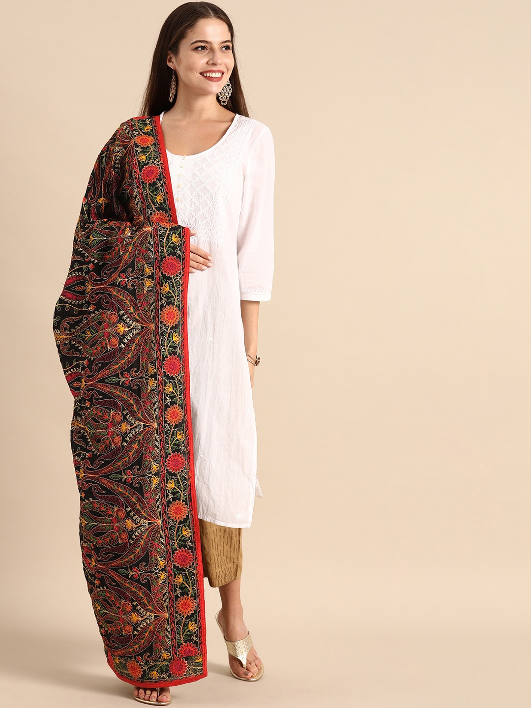 

VASTRANAND Black & Orange Embroidered Dupatta