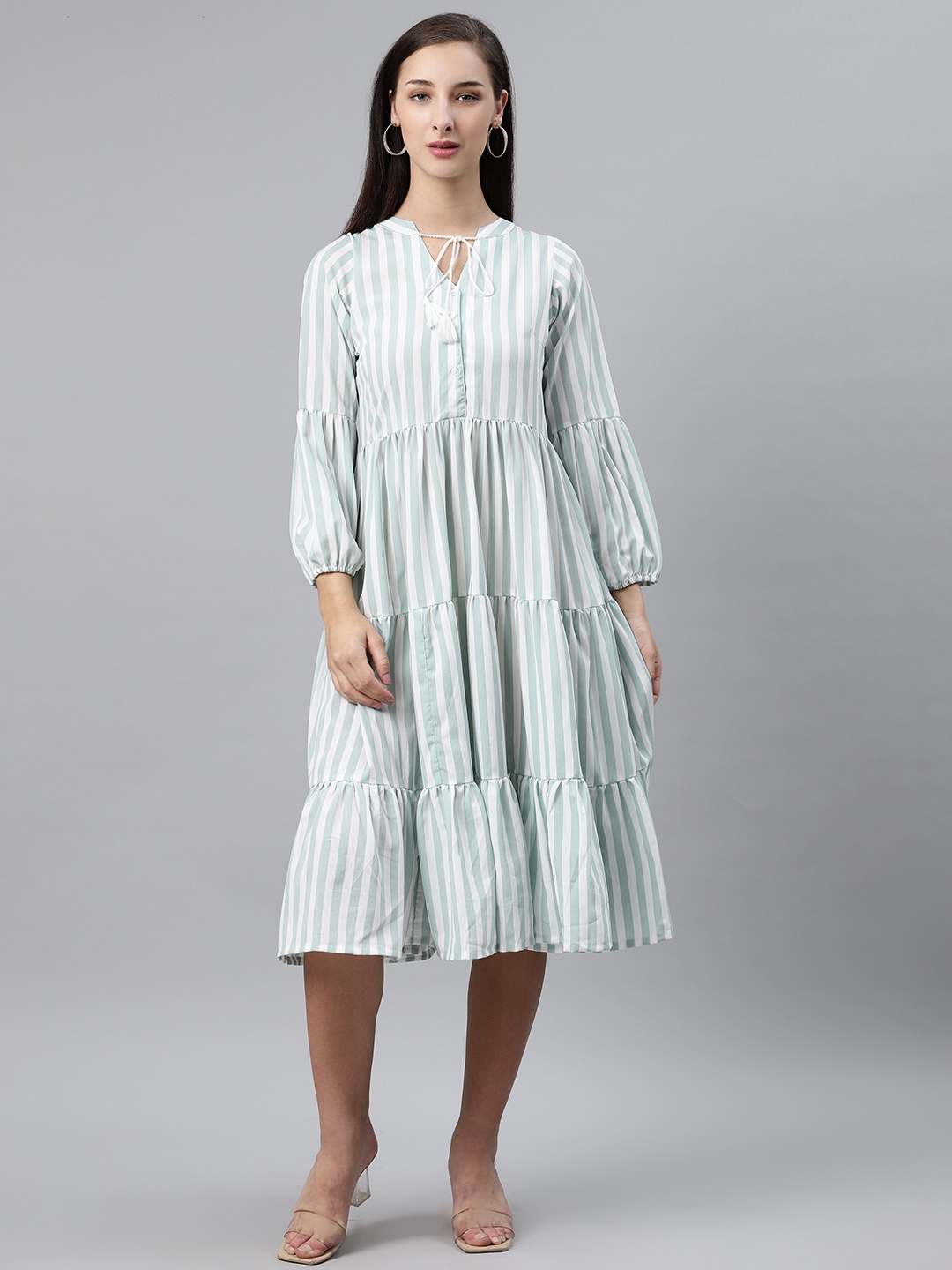 

plusS Women White & Sea Green Striped Midi Tiered A-Line Dress