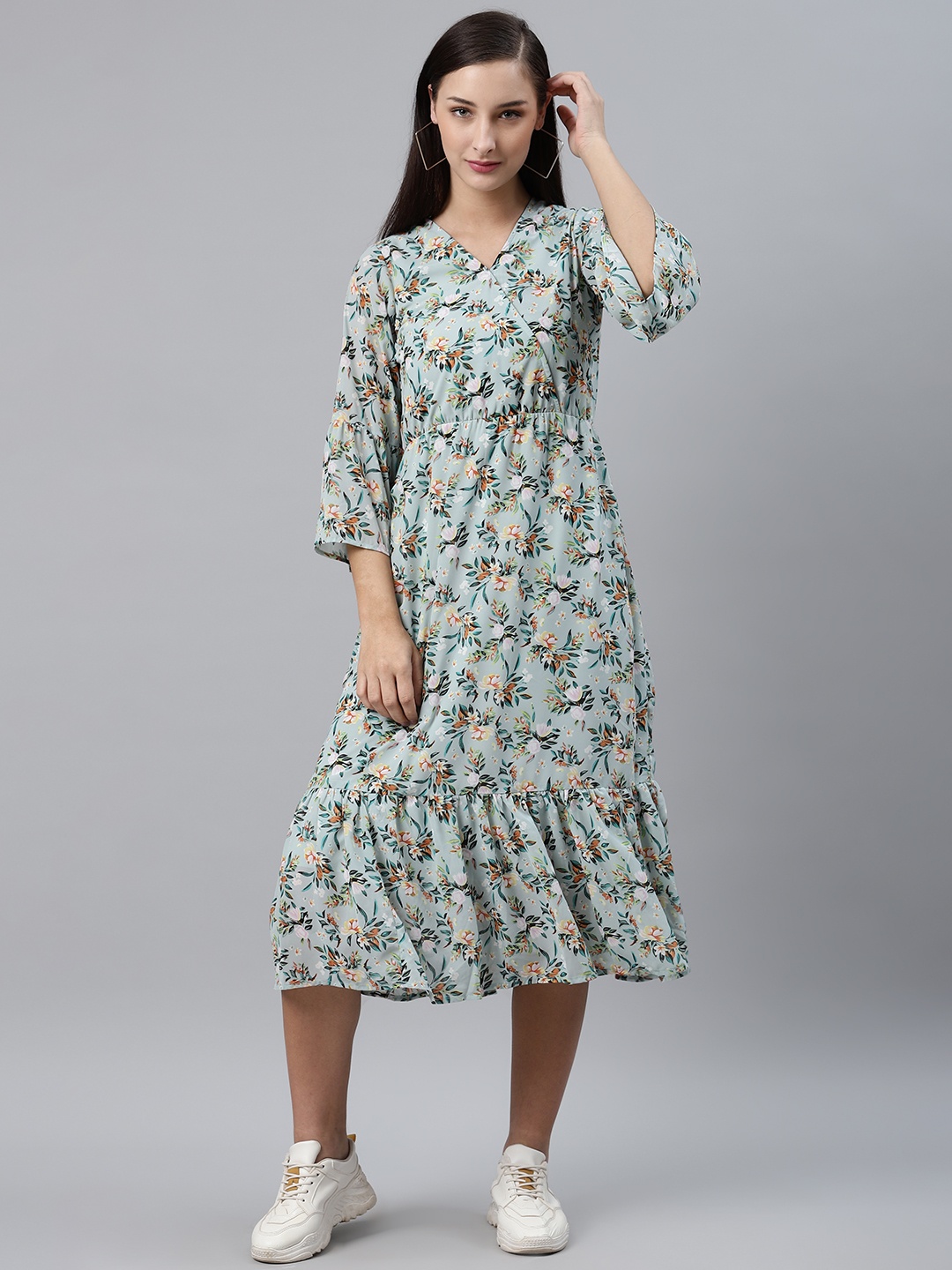 

plusS Women Sea Green & Rust Orange Floral Printed Wrap Dress
