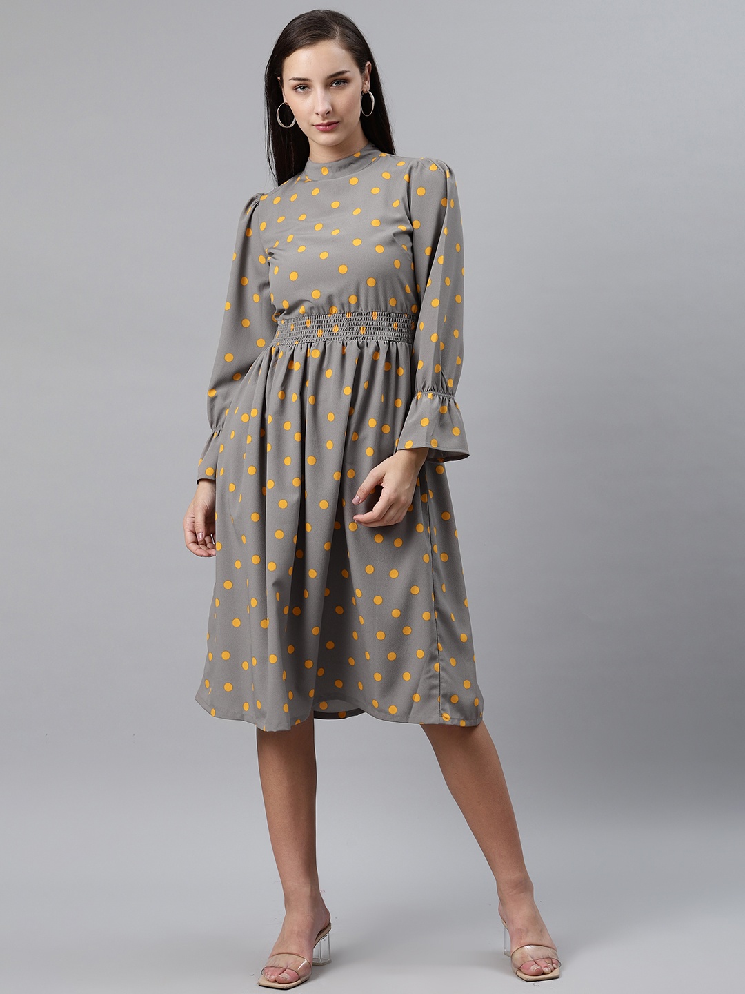 

plusS Women Grey & Yellow Polka Dot Print Fit & Flare Dress with Smocked Detail