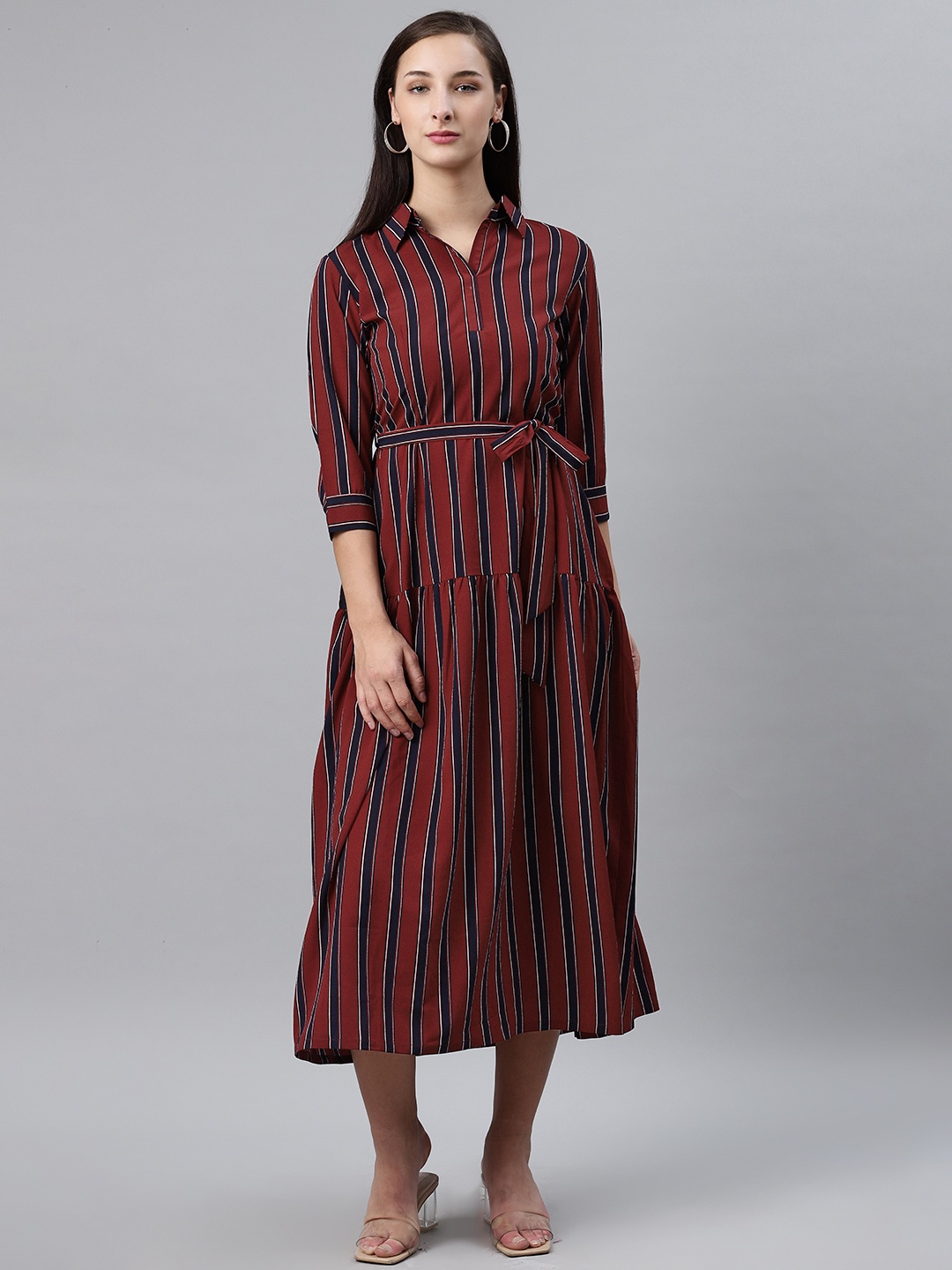 

plusS Women Maroon & Black Striped Midi A-Line Dress