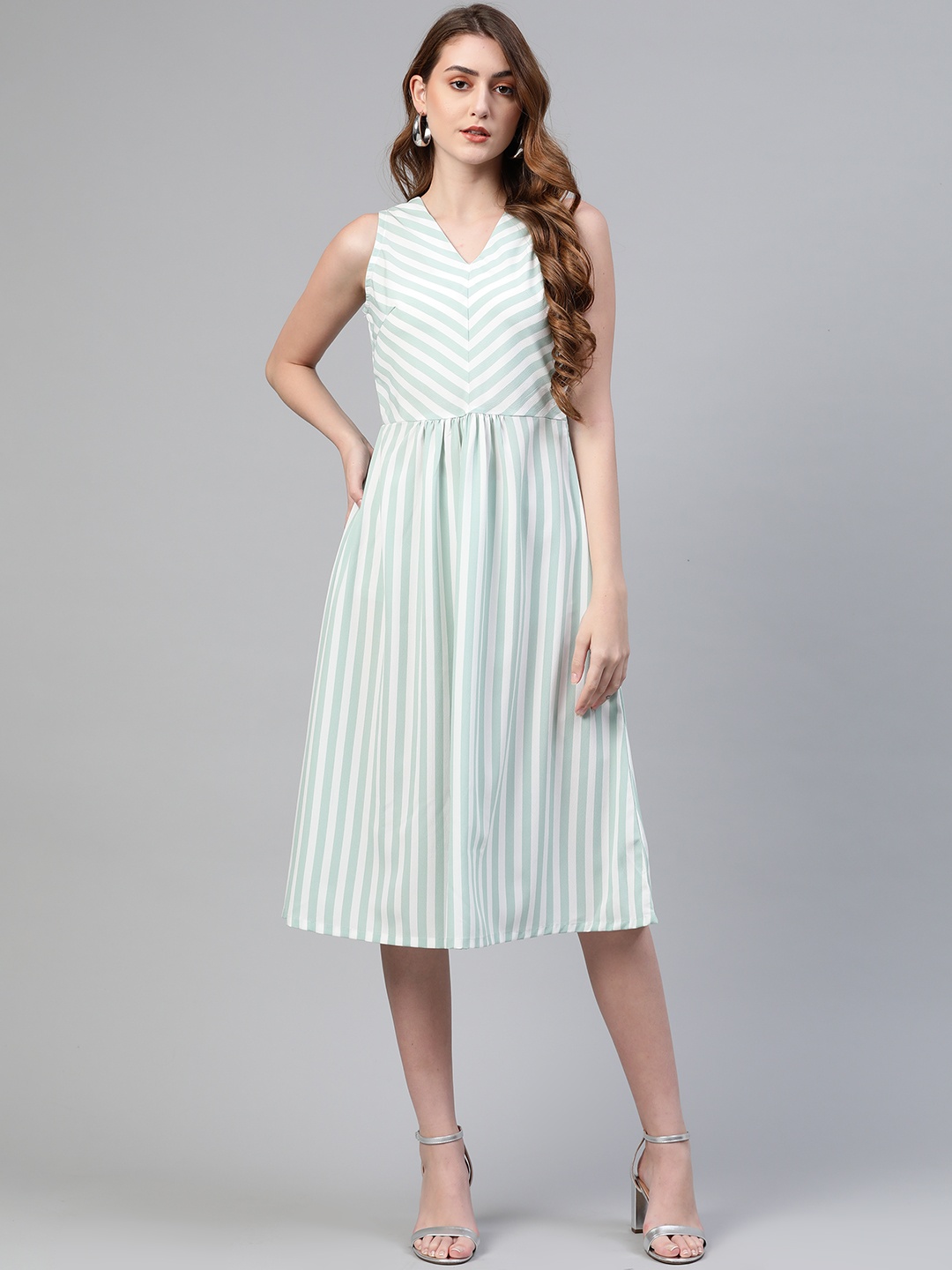

plusS Women White & Sea Green Striped A-Line Dress