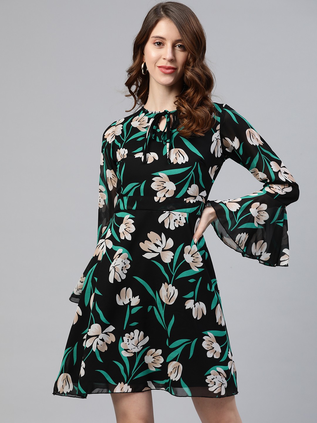 

plusS Women Black Floral Printed A-Line Dress