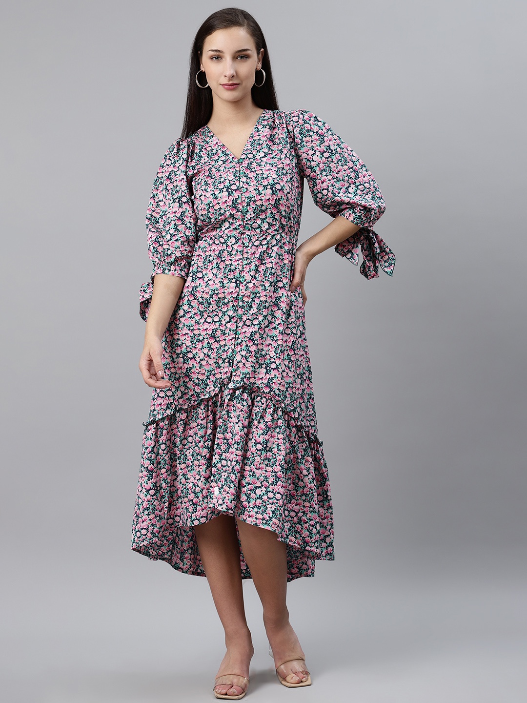 

plusS Women Green & Pink Floral Print Midi A-Line Dress