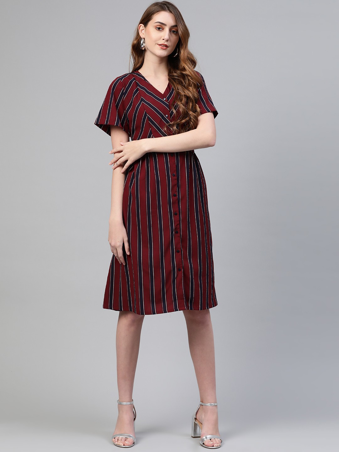 

plusS Women Maroon Striped A-Line Dress
