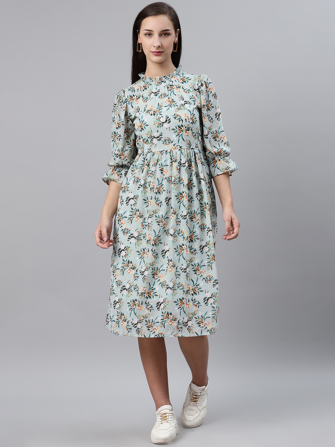 

plusS Women Sea Green & Orange Floral Print A-Line Dress