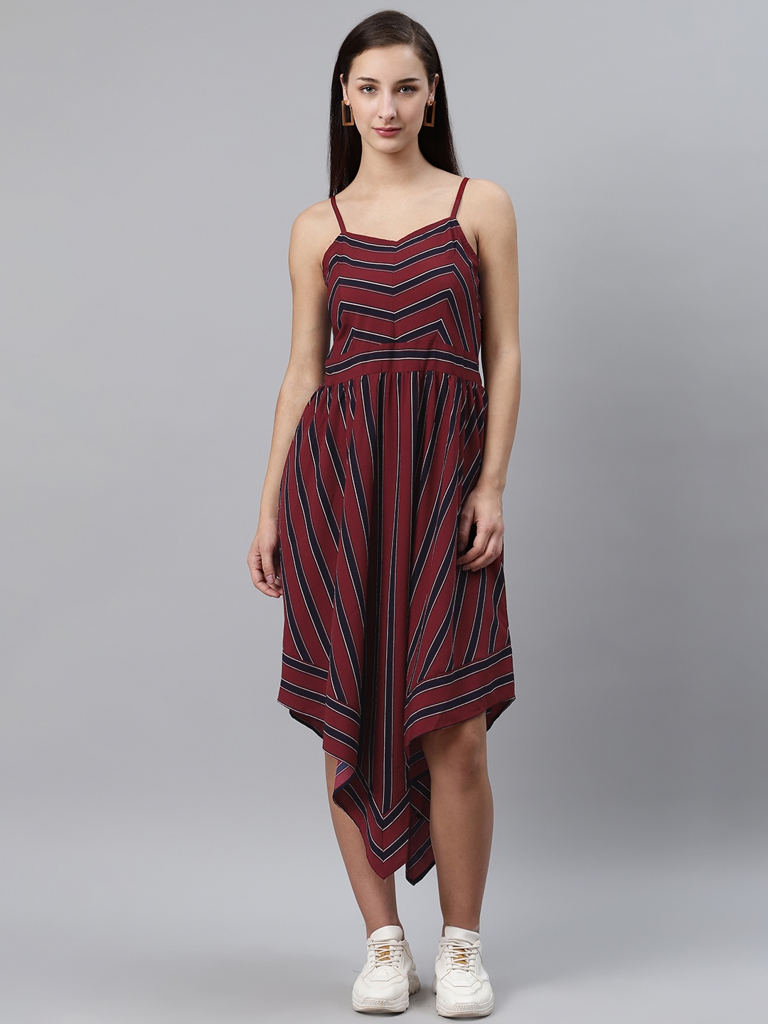 

plusS Women Maroon & Black Striped Asymmetric Midi A-Line Dress