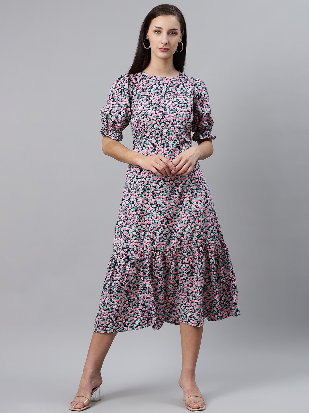 

plusS Women Pink & Sea Green Ditsy Floral Print Midi A-Line Dress