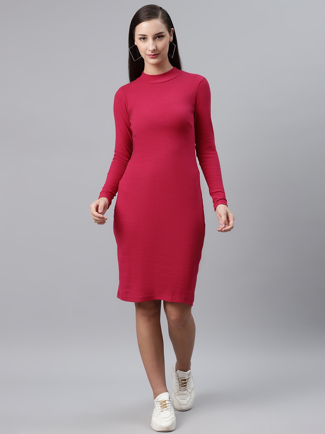 

plusS Women Pink Ribbed Solid Sheath Dress