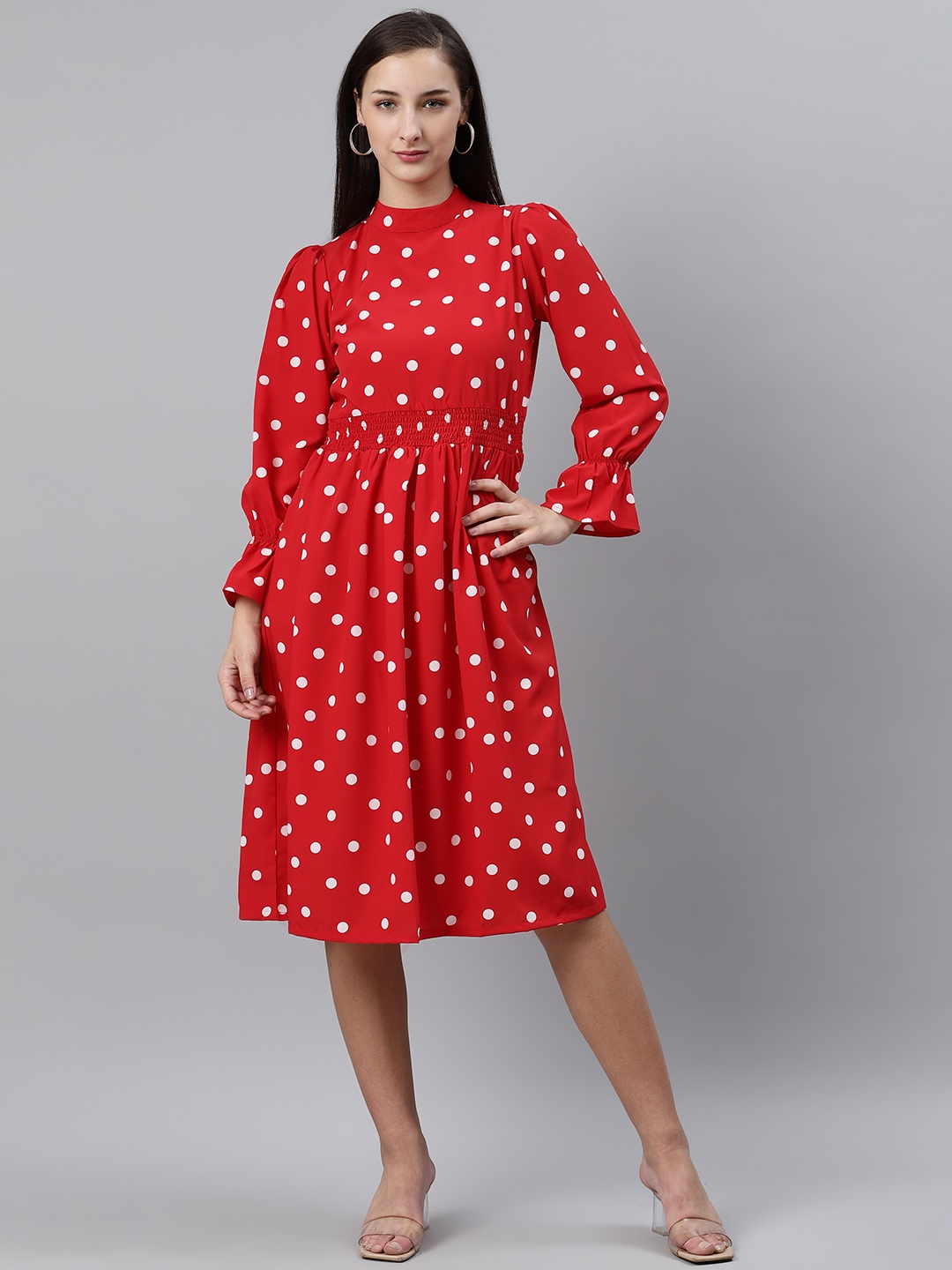 

plusS Women Red & White Polka Dot Print Fit & Flare Dress with Smocked Detail