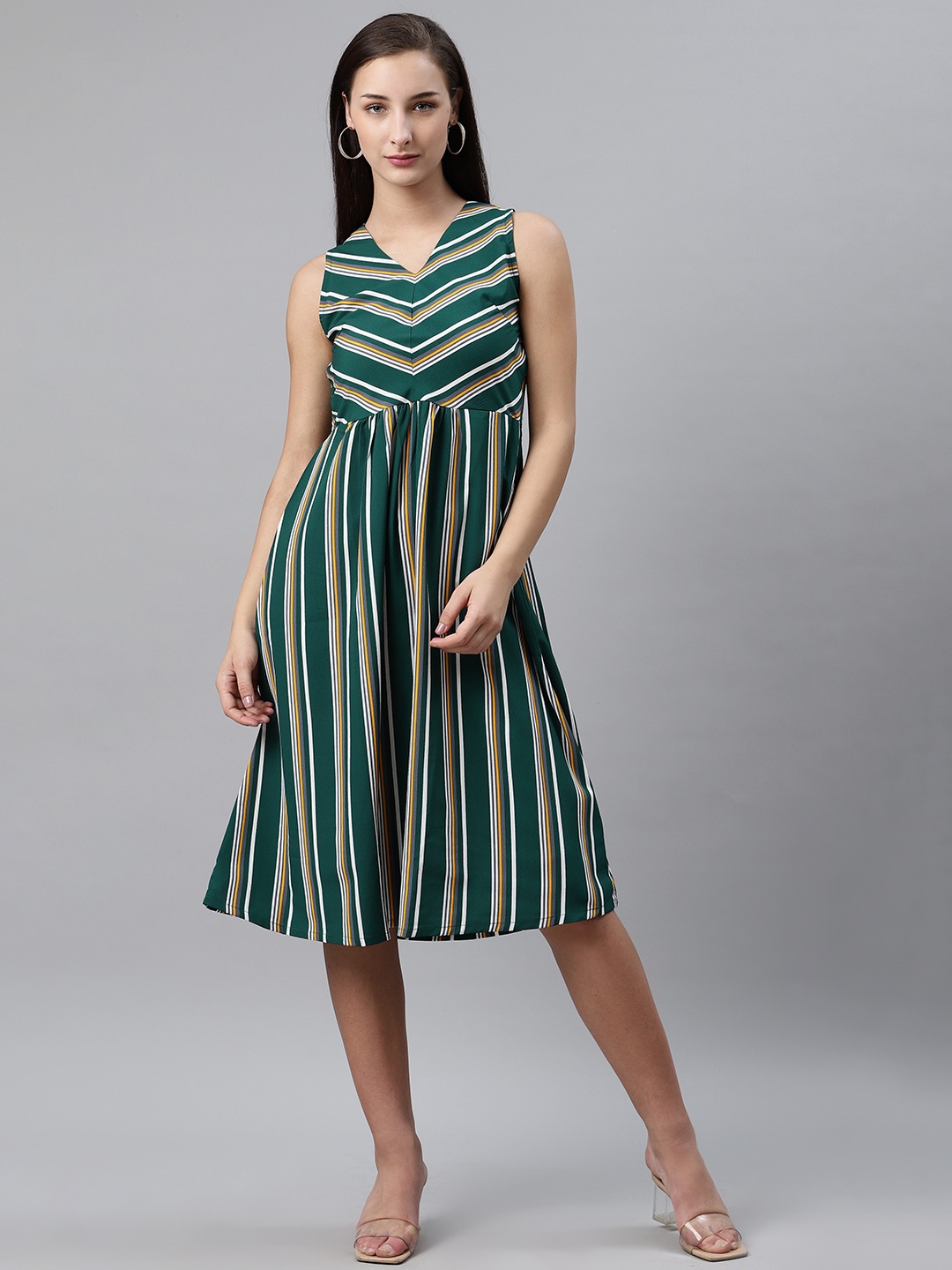 

plusS Women Green & White Striped A-Line Dress