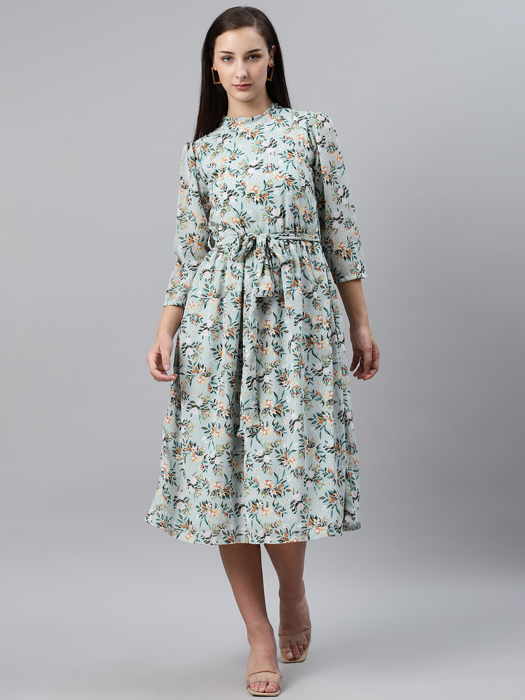 

plusS Women Sea Green & Rust Orange Floral Print Midi A-Line Dress