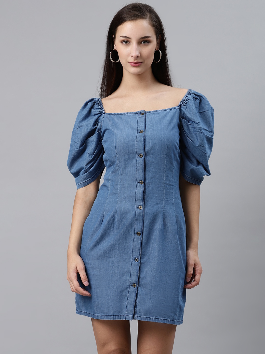 

plusS Women Blue Solid Denim Sheath Dress