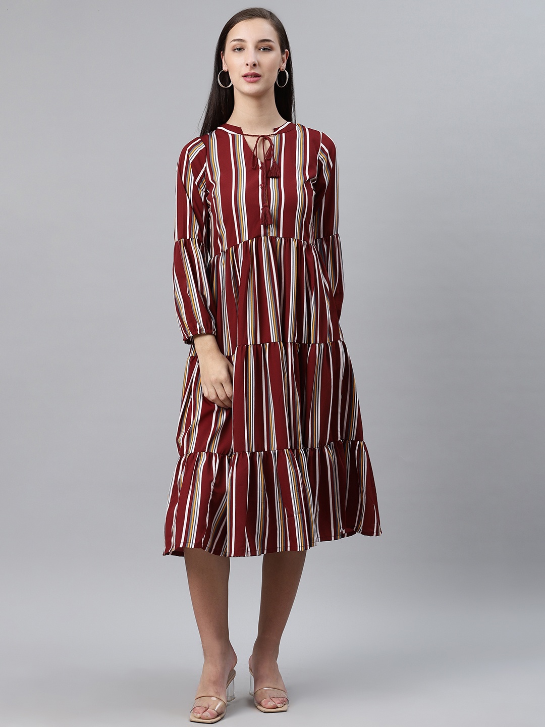 

plusS Women Maroon & White Striped Midi Tiered A-Line Dress, Red