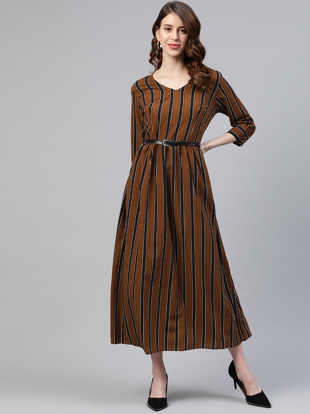 

plusS Women Brown Striped Maxi Dress