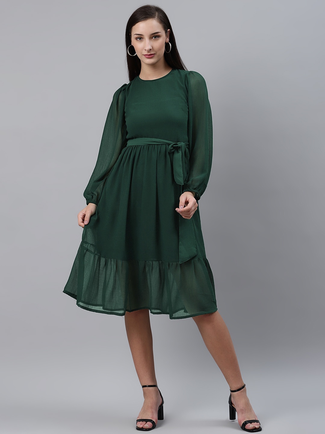 

plusS Women Green Solid Fit and Flare Dress with Belt