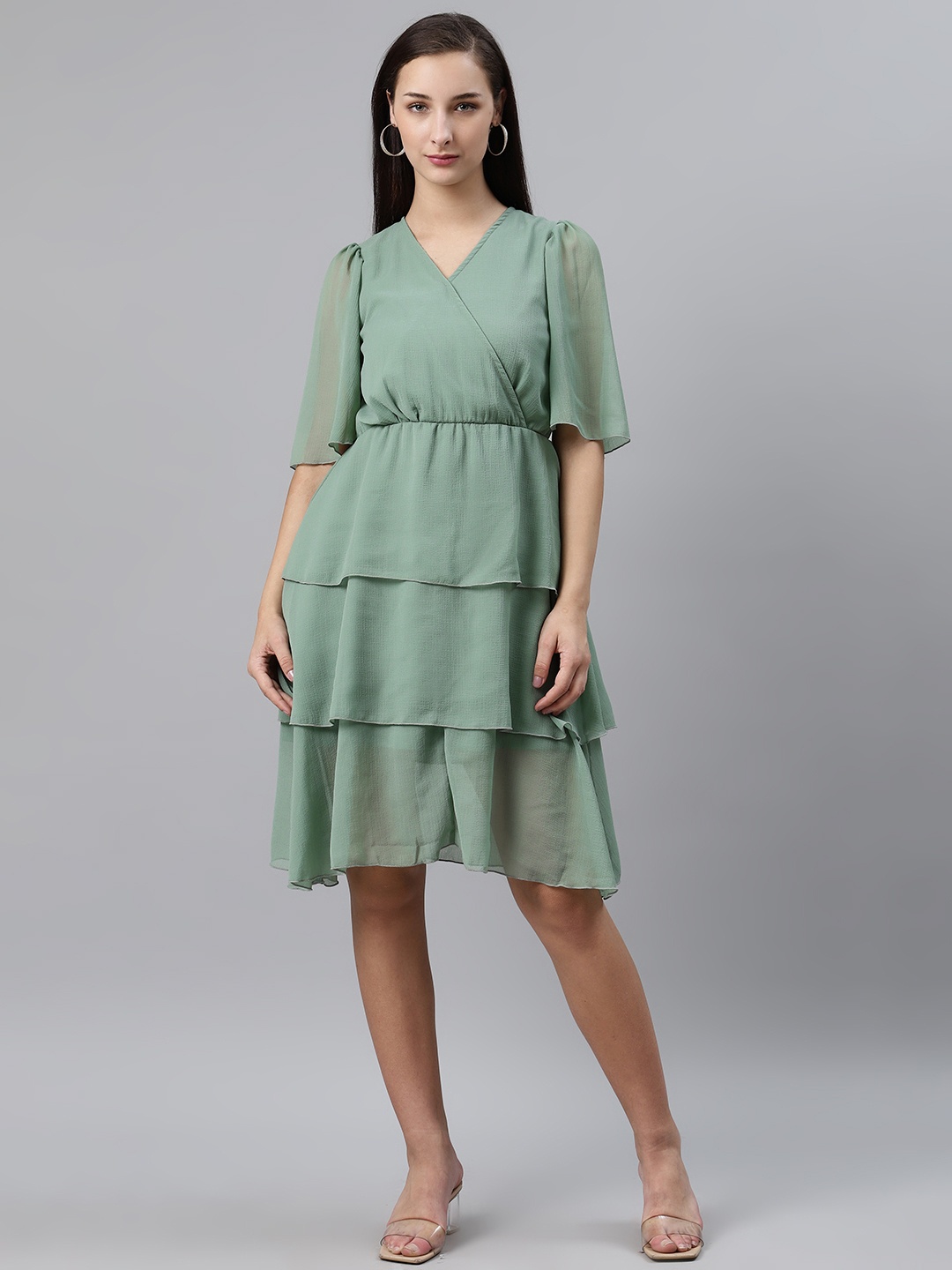 

plusS Women Green Solid Layered Wrap Dress