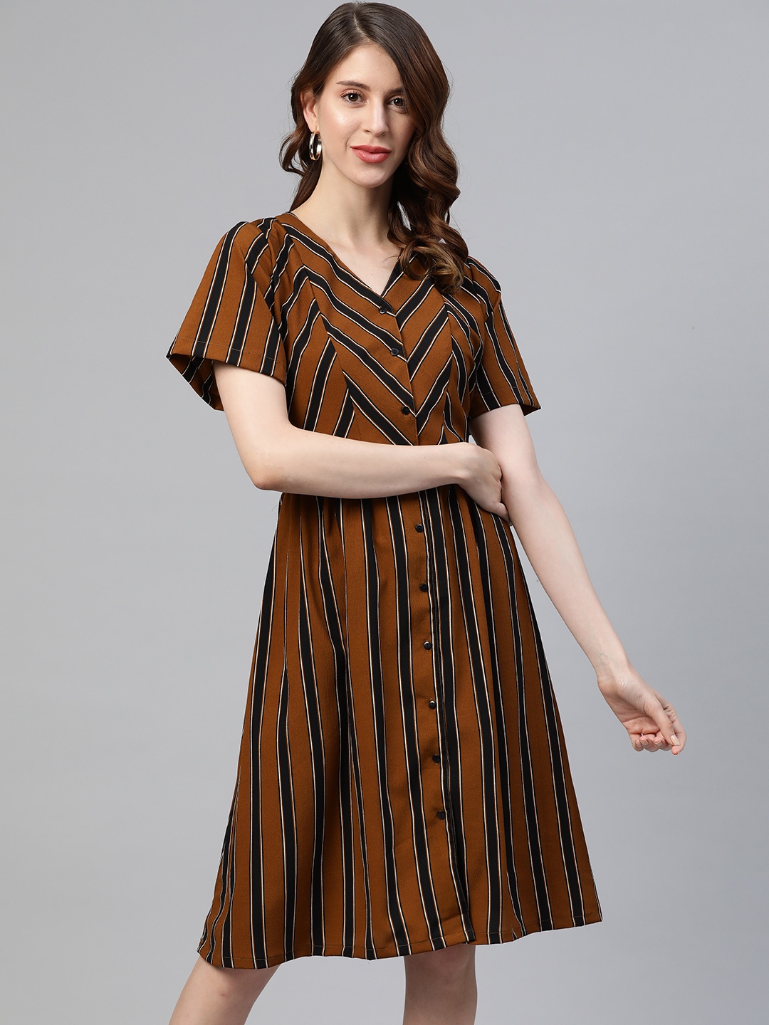 

plusS Women Brown & Black Striped A-Line Dress