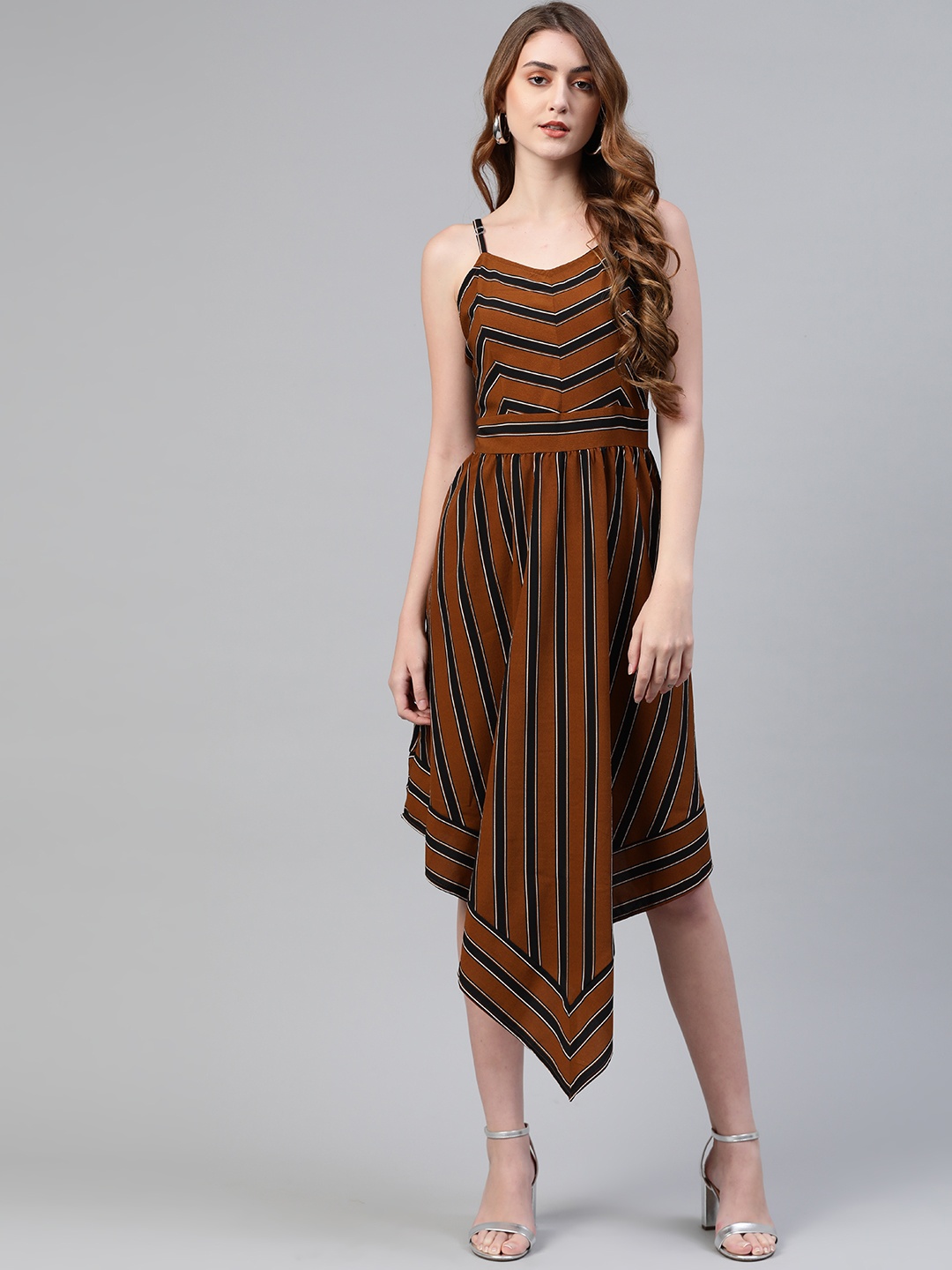 

plusS Women Brown Striped A-Line Asymmetric Hem Dress