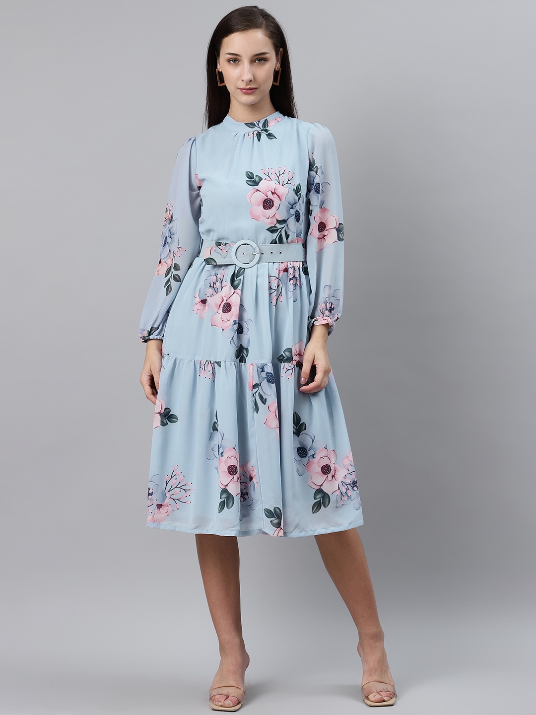 

plusS Women Blue & Pink Floral Print Fit & Flare Dress