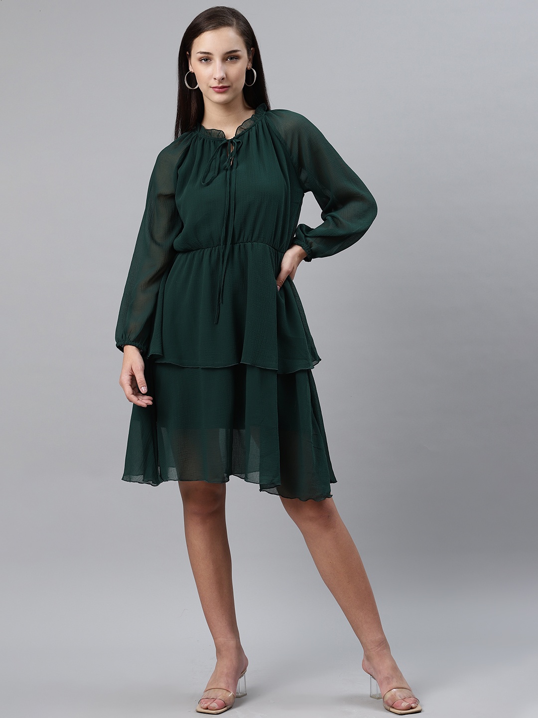 

plusS Women Green Solid Layered A-Line Dress
