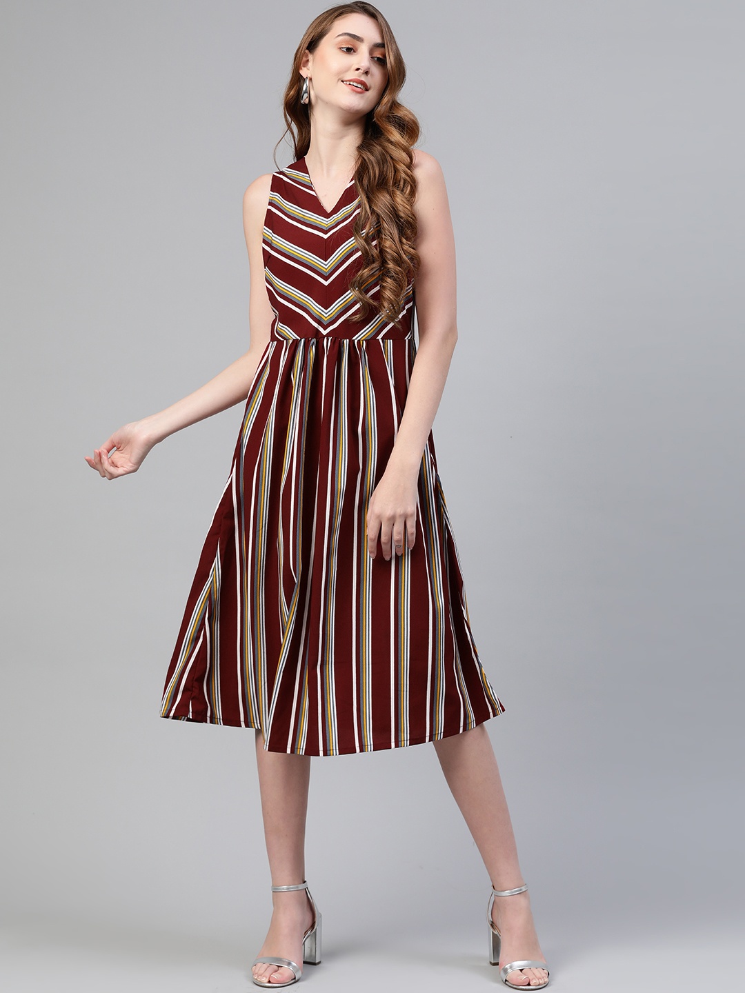 

plusS Women Maroon Striped A-Line Dress