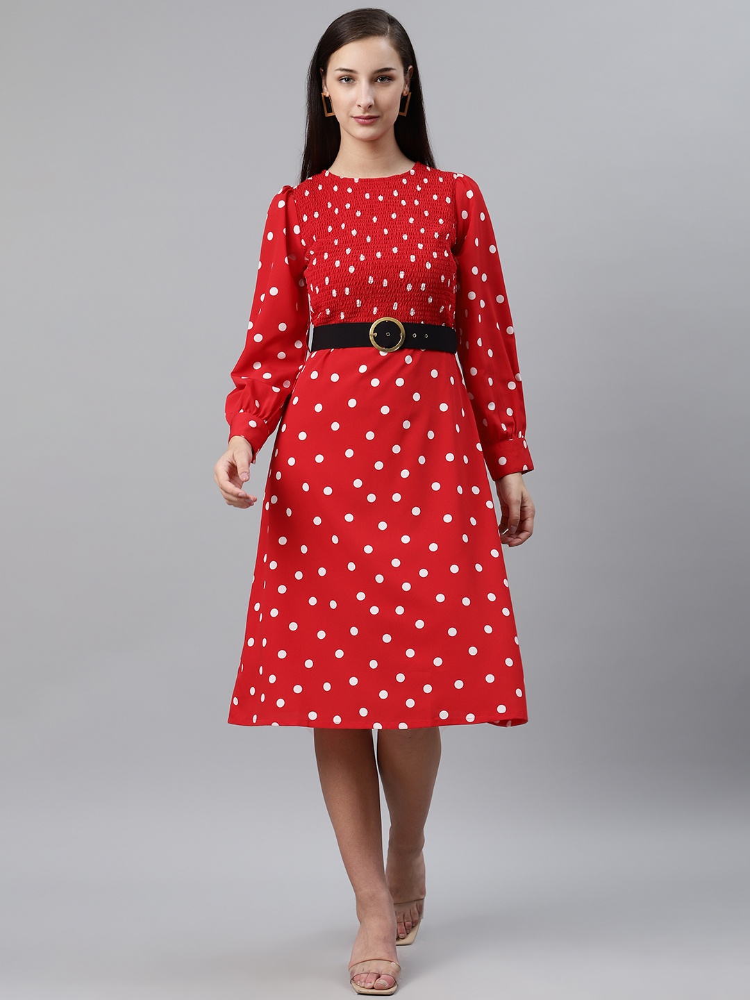 

plusS Women Red & White Polka Dot Print Fit & Flare Dress with Smocked Detail