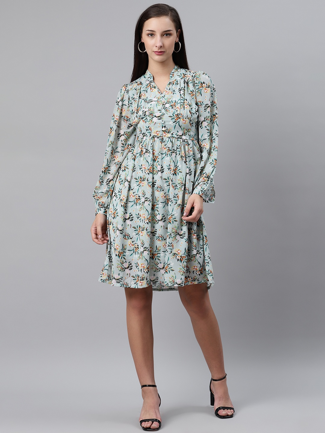 

plusS Women Sea Green & Orange Floral Print A-Line Dress