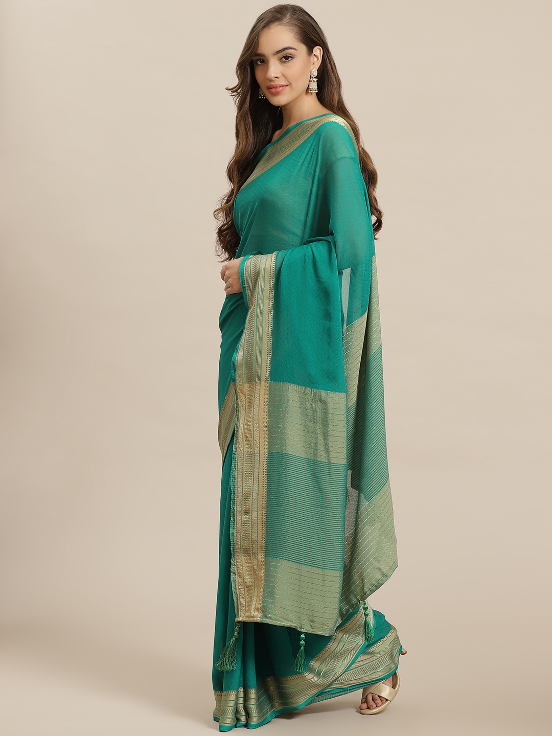 

Nanda Silk Mills Green & Beige Woven Design Saree