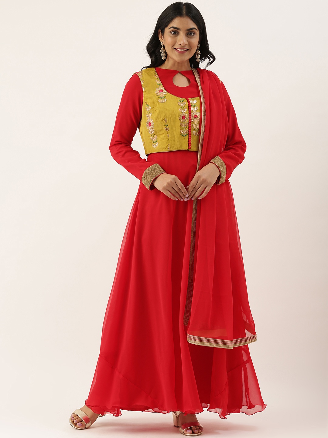 

Ethnovog Women Red Yellow Solid Layered Kurta with Churidar Dupatta