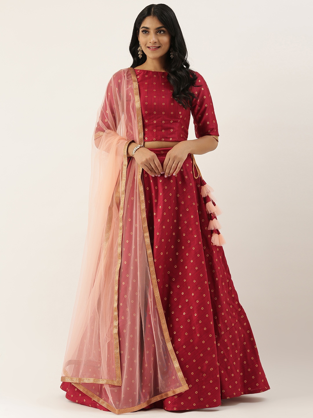 

Ethnovog Maroon Gold-Toned Woven Design Made to Measure Lehenga Blouse with Dupatta