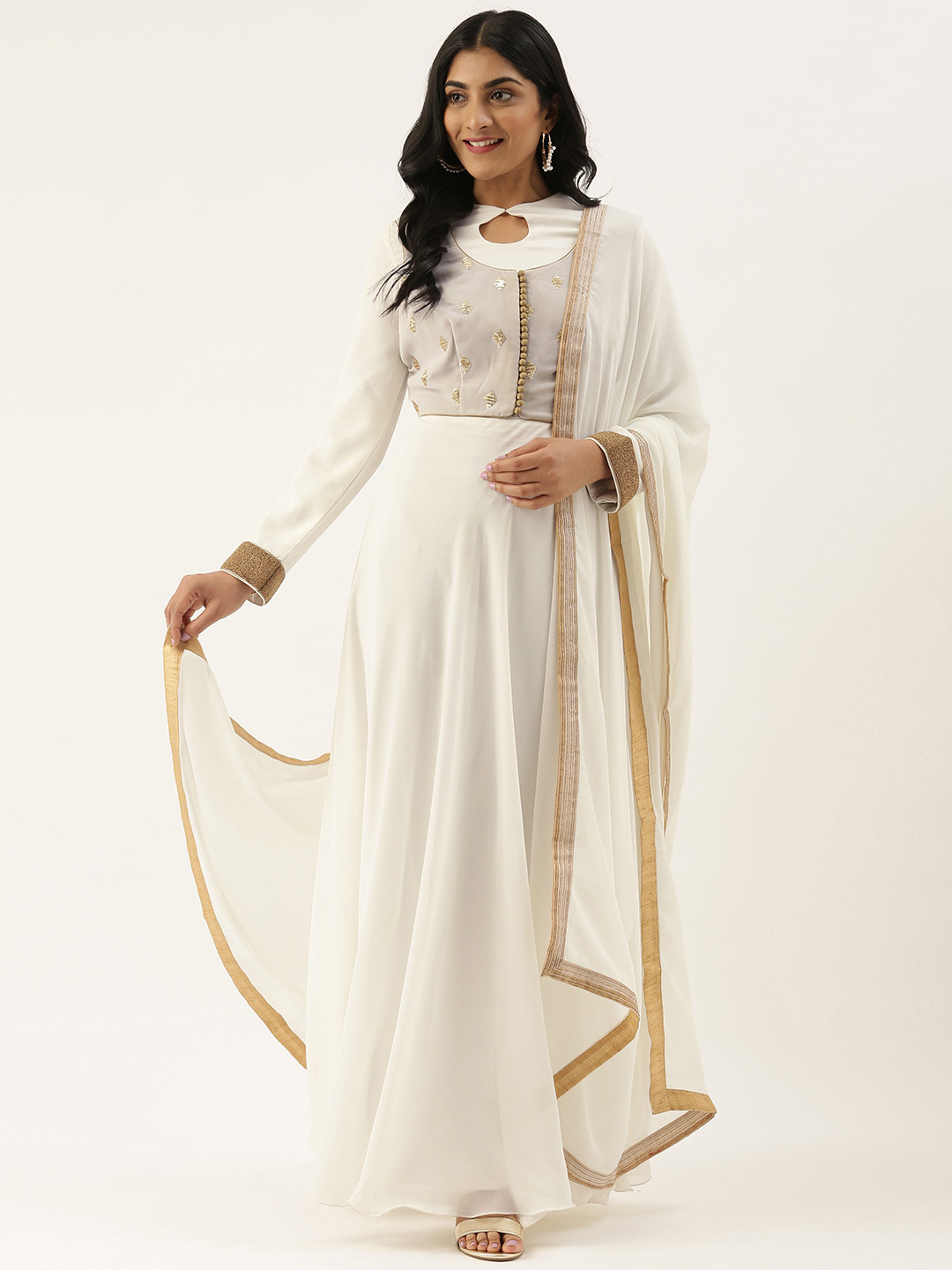 

Ethnovog Women White Beige Solid Made To Measure Kurta with Churidar Dupatta