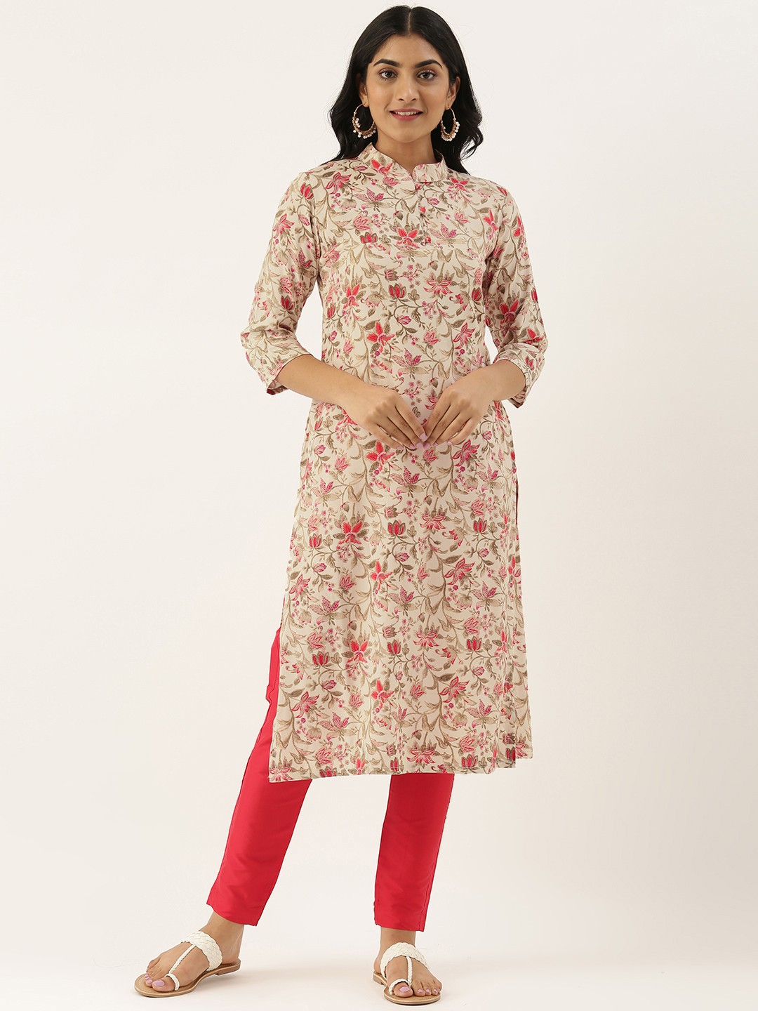 

Ethnovog Women Beige Pink Floral Printed Made To Measure Floral Kurta