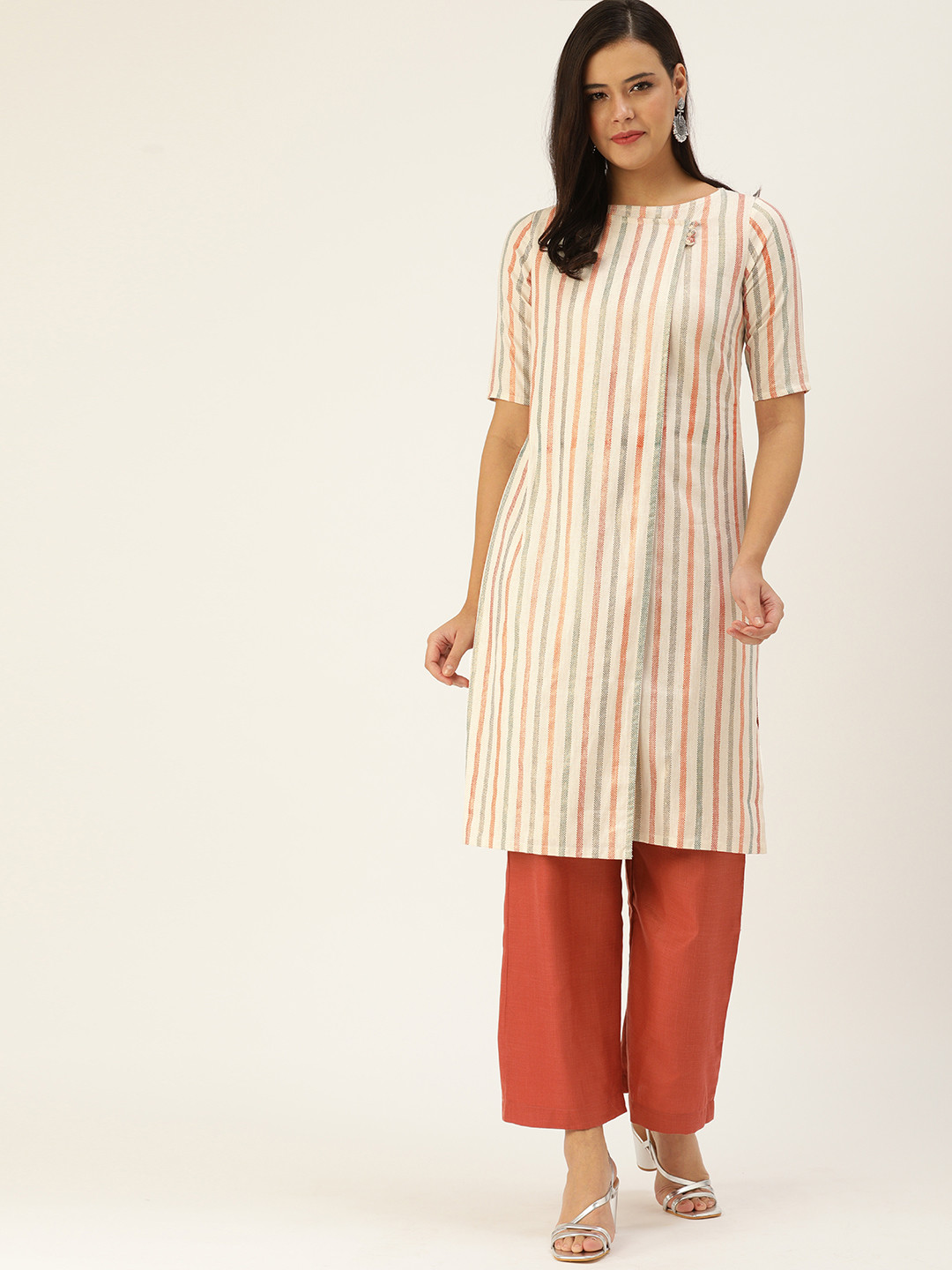 

EthnoVogue Women Off White & Maroon Made To Measure Striped Kurta