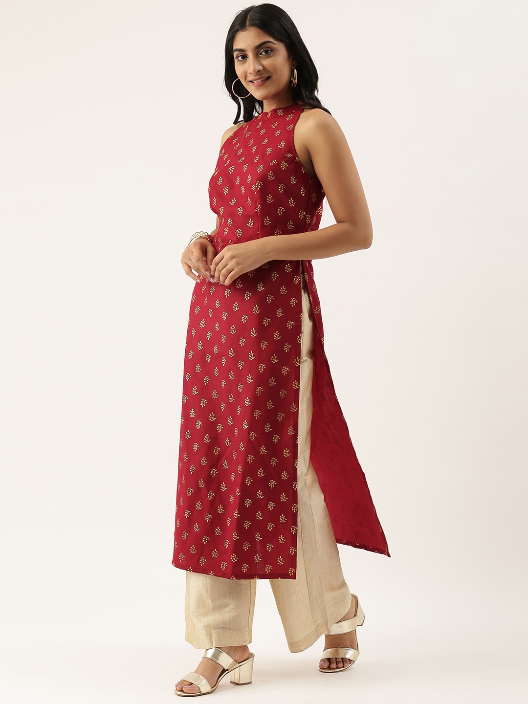 

Ethnovog Women Maroon Beige Printed Made To Measure Kurta with Palazzos