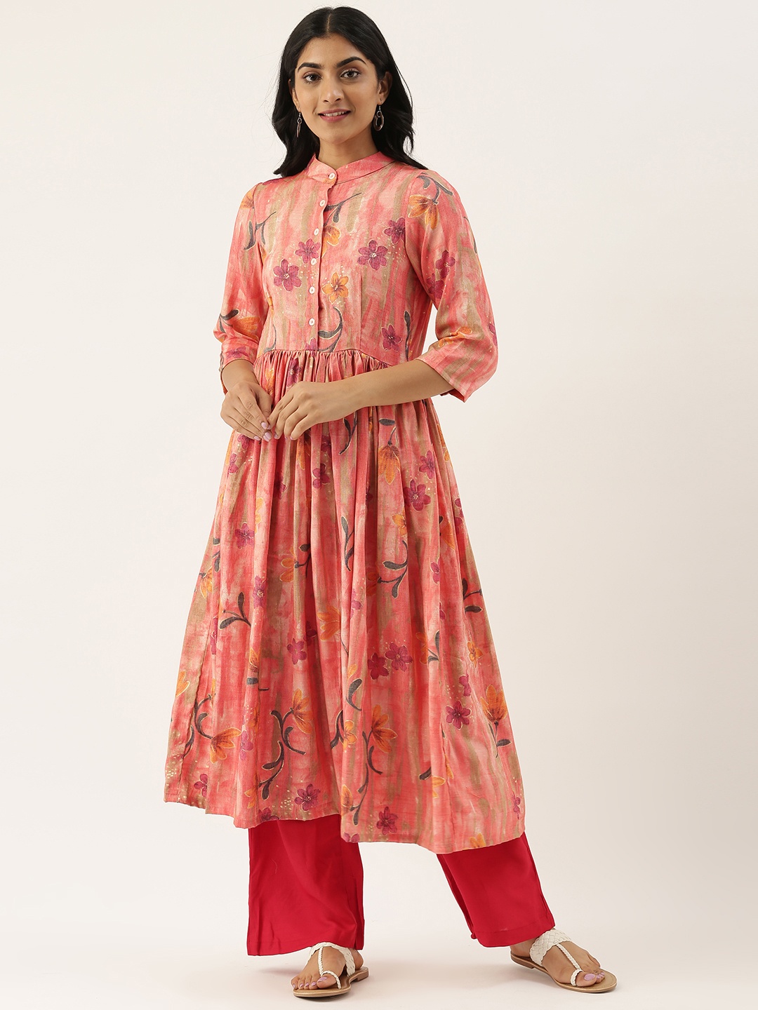 

Ethnovog Women Pink Red Floral Printed Made To Measure Kurta with Palazzos