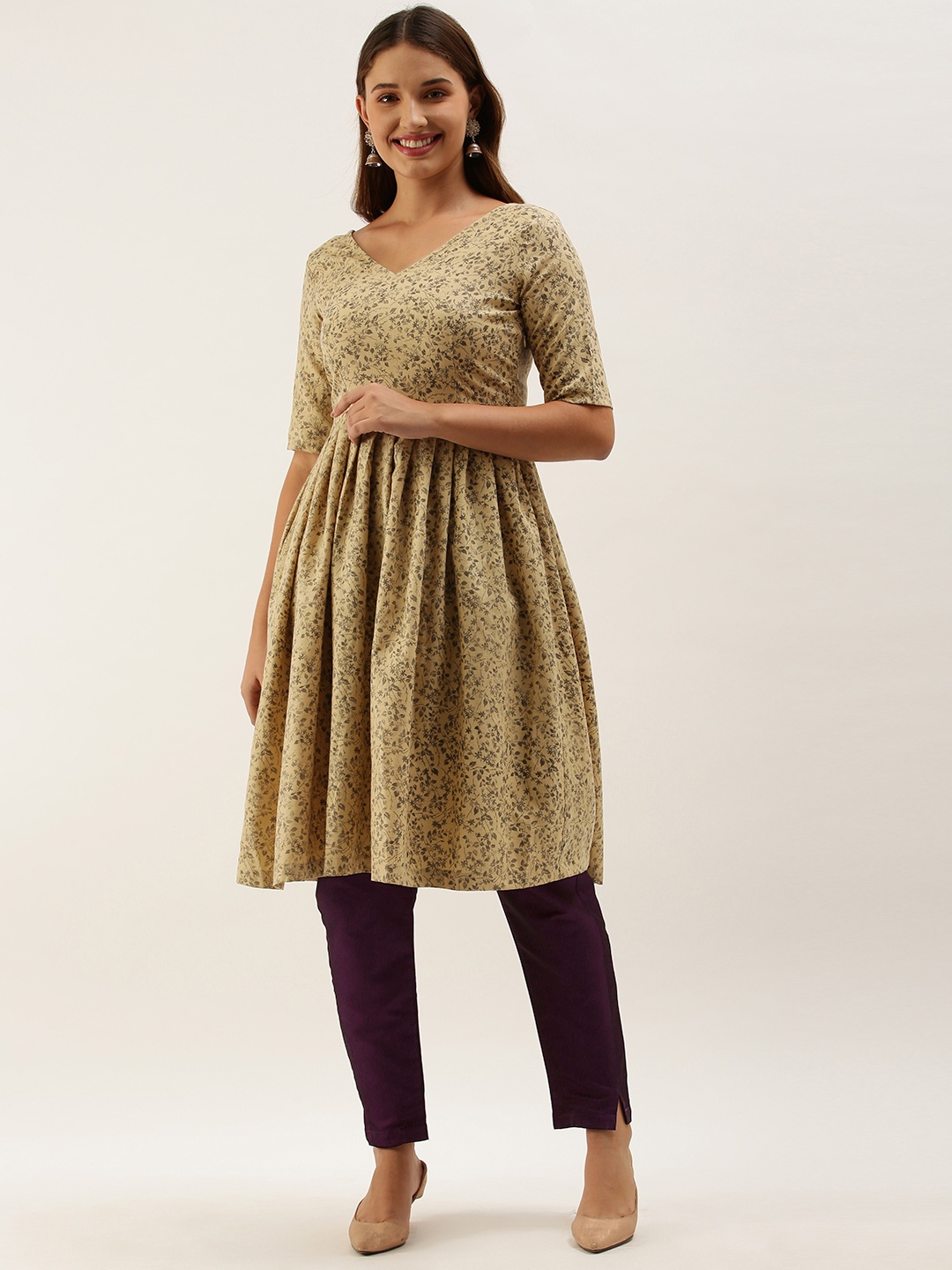 

Ethnovog Women Beige Purple Printed Pleated A-line Kurta with Trousers