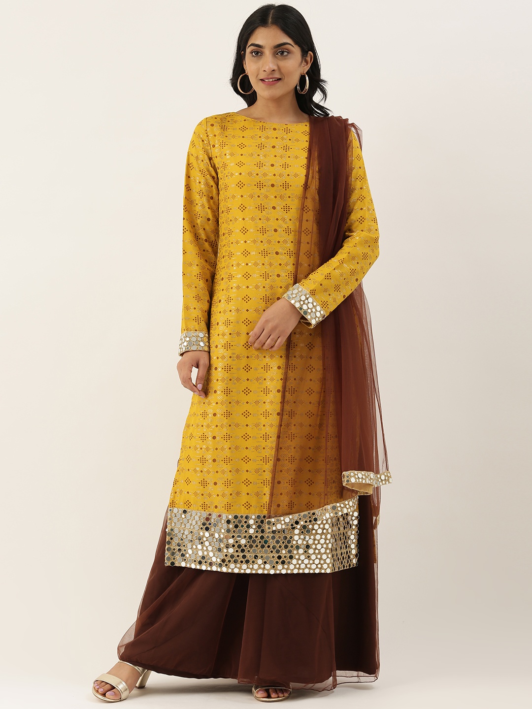 

Ethnovog Women Mustard Yellow Brown Printed Kurta with Palazzos Dupatta